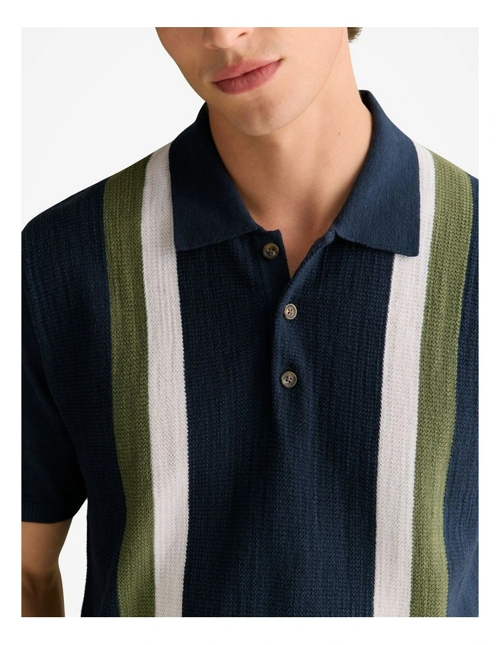Cotton Linen Textured Stripe Polo in Navy image 3