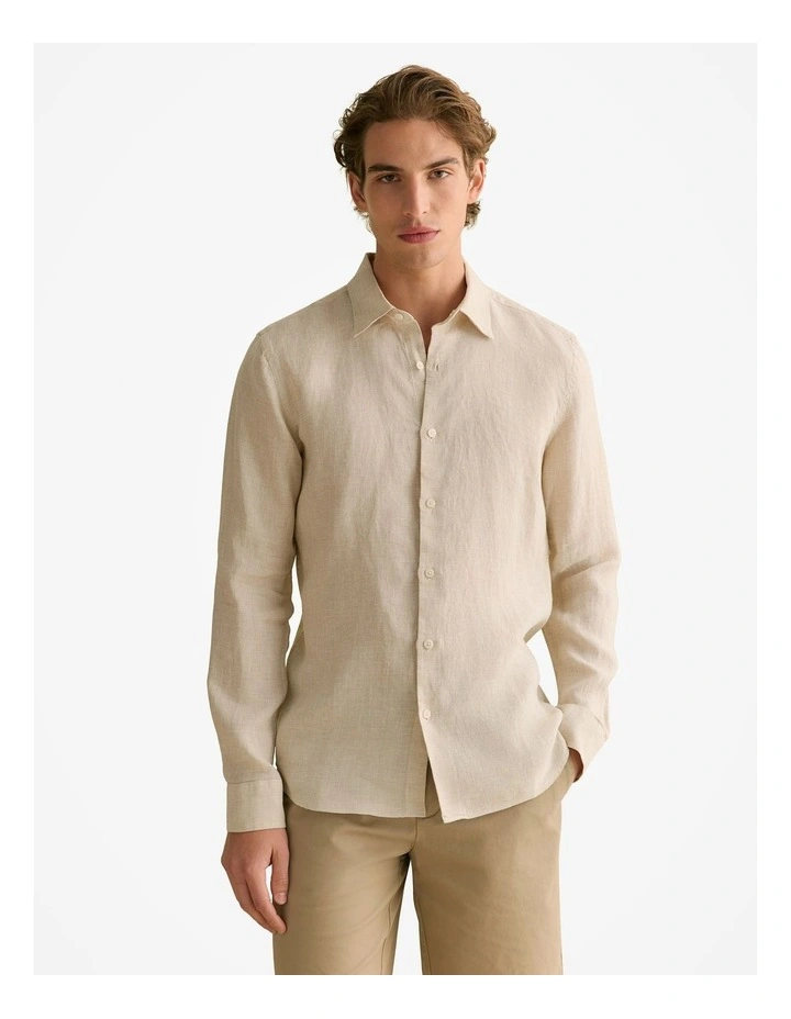 Tailored Fit Basketweave Linen Shirt in Barley image 1