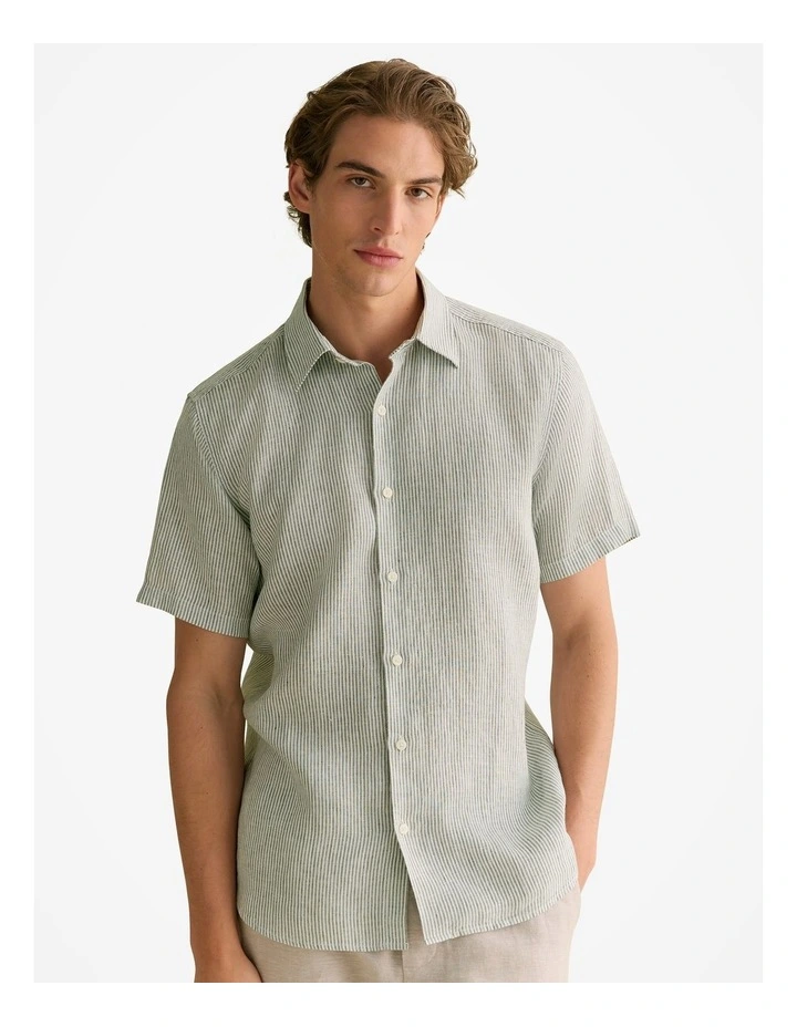 Linen Fine Stripe Short Sleeve Shirt in Ivy image 1