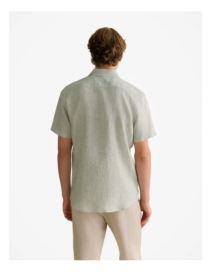 Linen Fine Stripe Short Sleeve Shirt in Ivy image 4