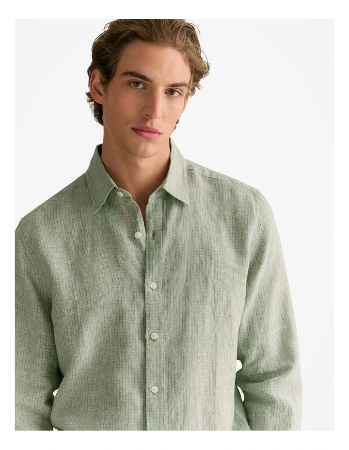 Regular Fit Yarn Dyed Linen Grid Shirt in Ivy image 3