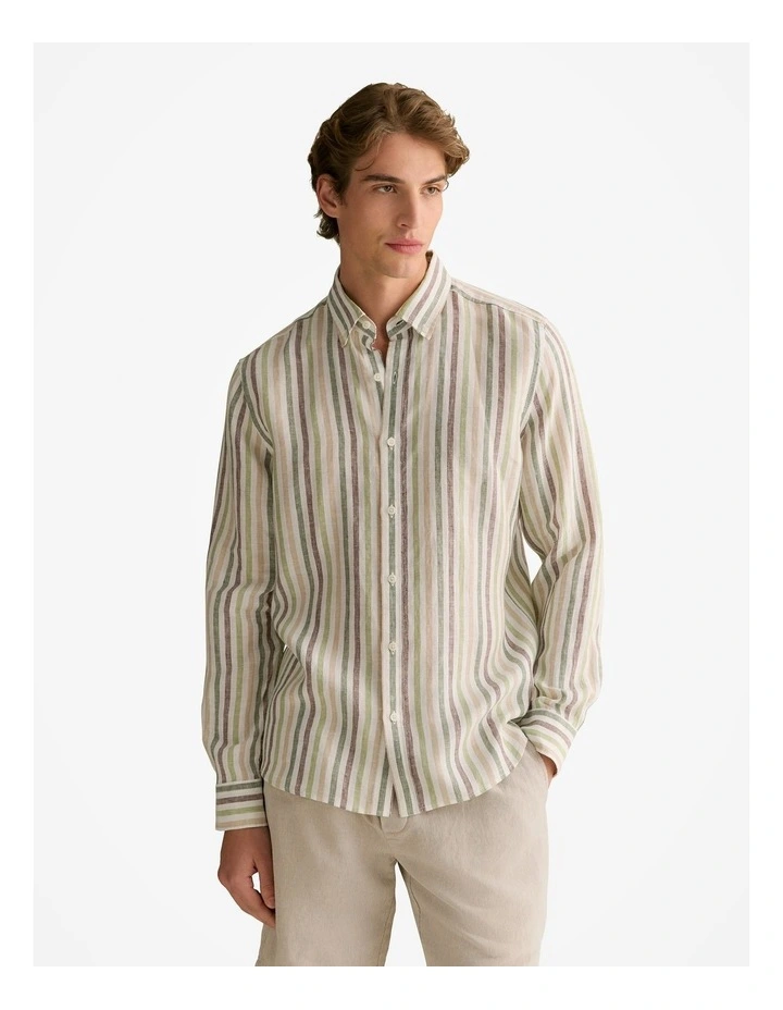 Regular Fit Linen Multi Stripe Shirt in Ivy image 1