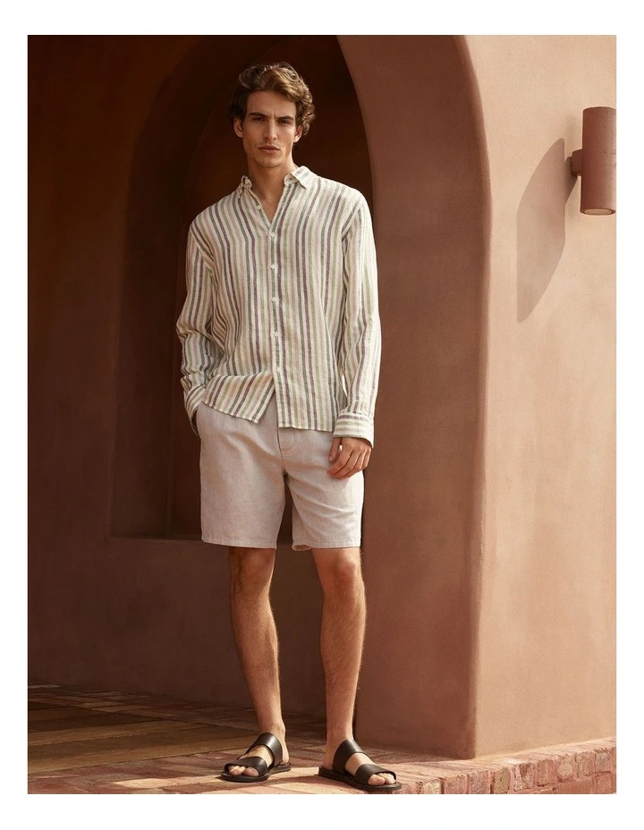 Regular Fit Linen Multi Stripe Shirt in Ivy image 2