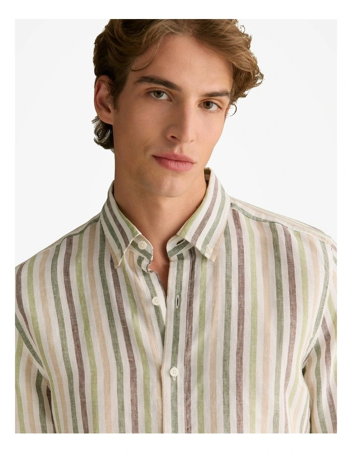 Regular Fit Linen Multi Stripe Shirt in Ivy image 6