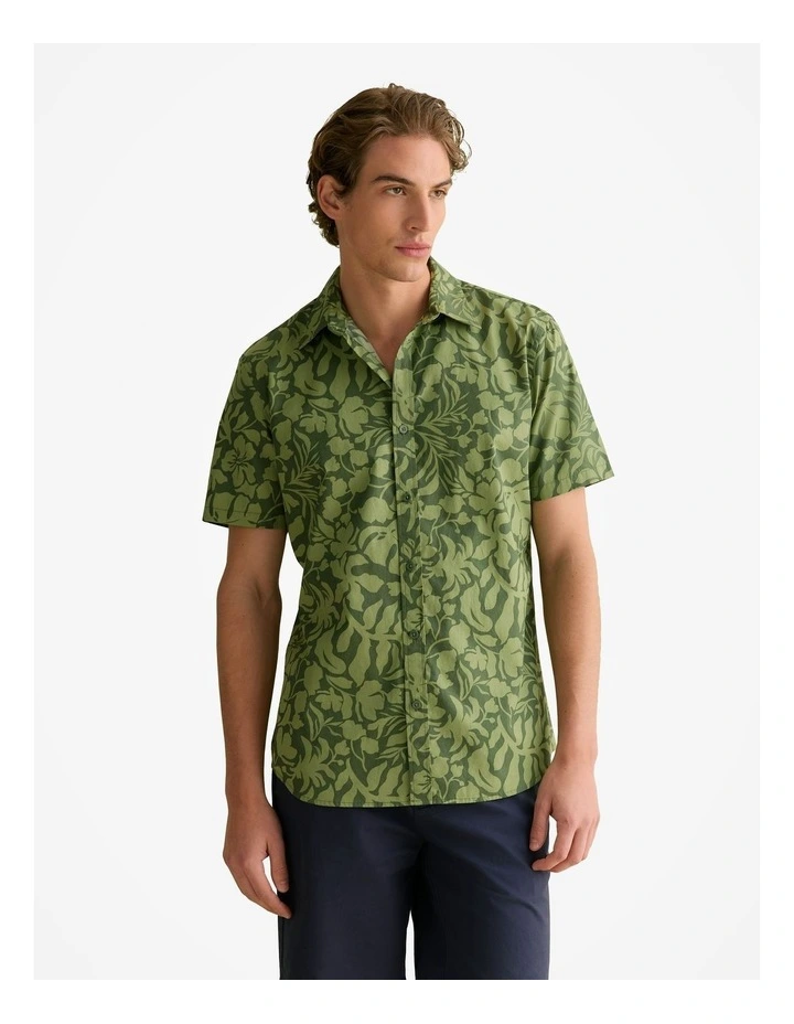 Cotton Poplin Floral Short Sleeve Shirt in Ivy image 1