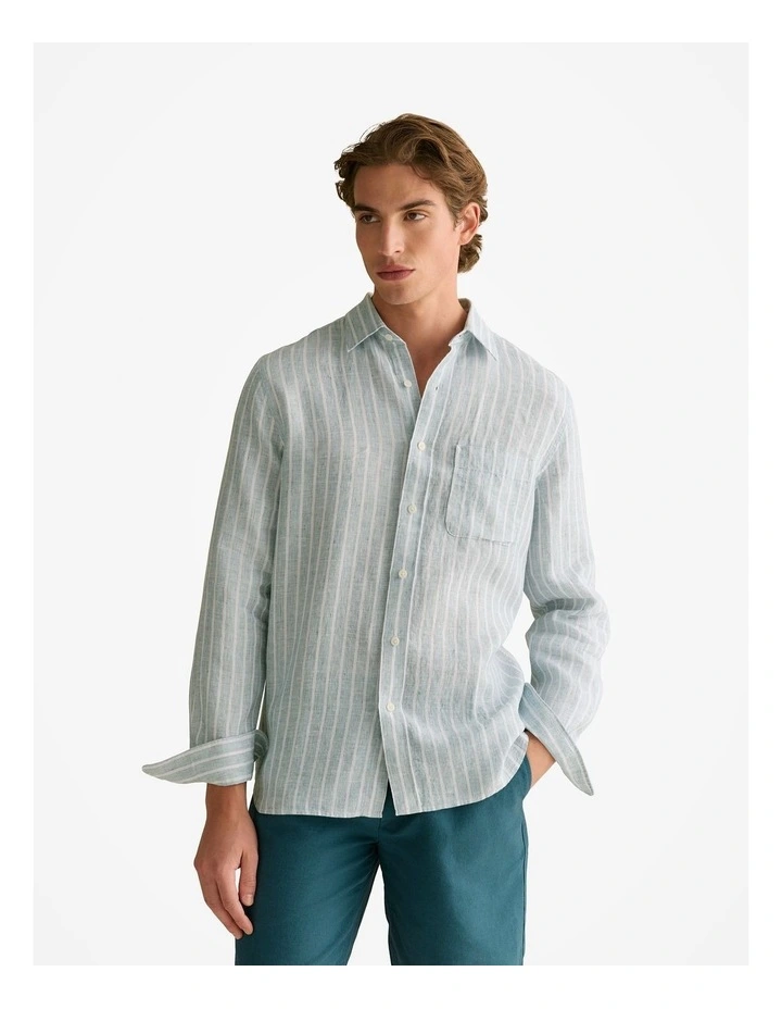 Regular Fit Linen Bold Stripe Shirt in Deep Sea Green image 1