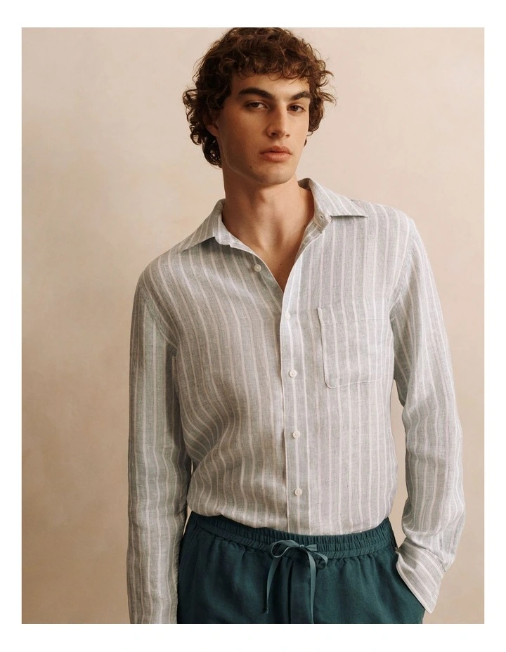Regular Fit Linen Bold Stripe Shirt in Deep Sea Green image 2