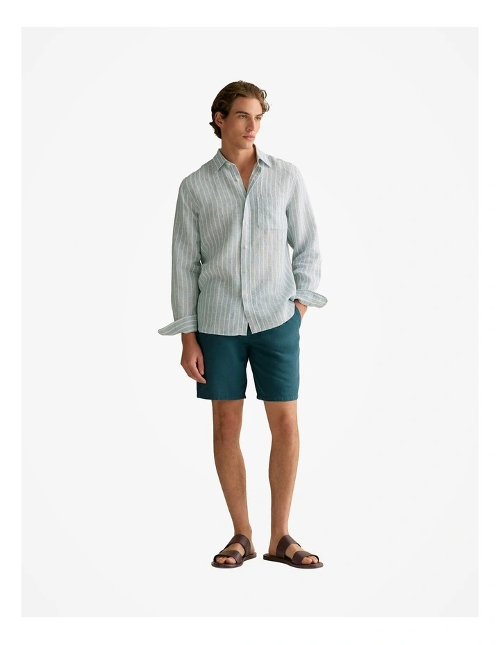 Regular Fit Linen Bold Stripe Shirt in Deep Sea Green image 3