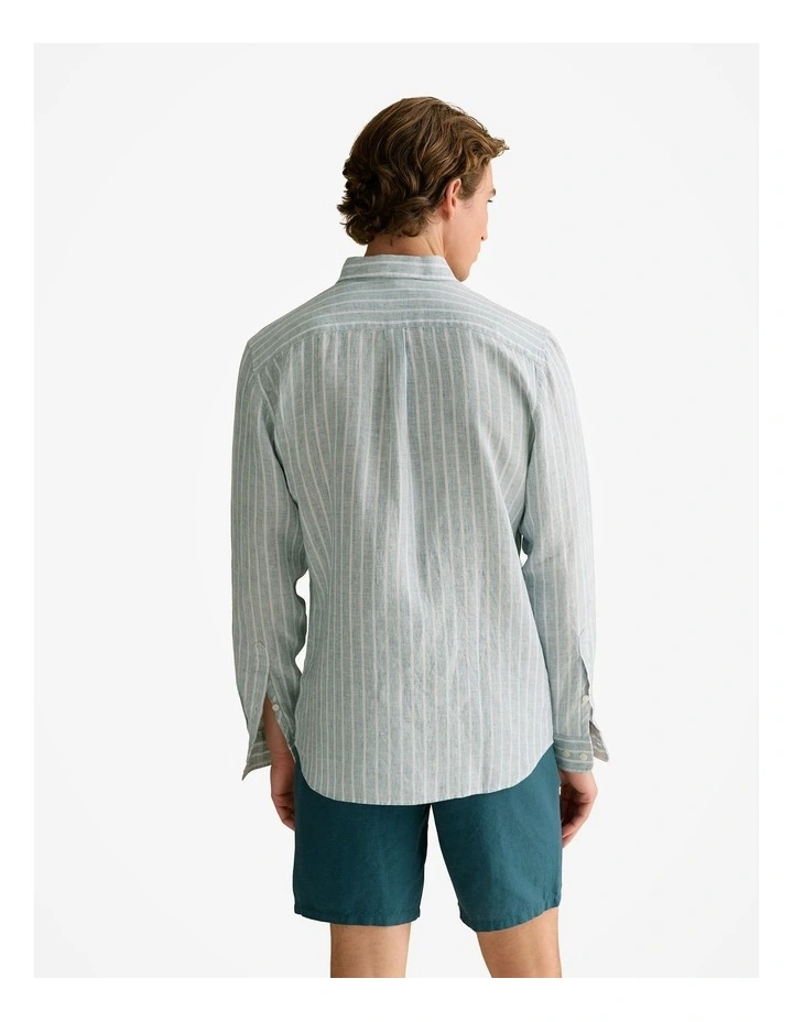 Regular Fit Linen Bold Stripe Shirt in Deep Sea Green image 4