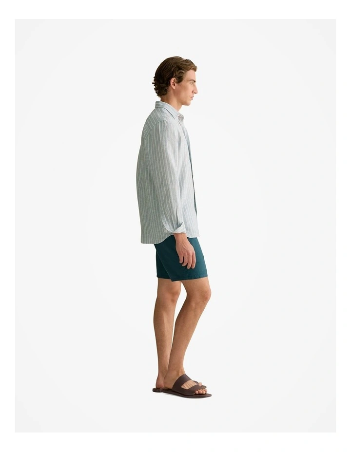 Regular Fit Linen Bold Stripe Shirt in Deep Sea Green image 5