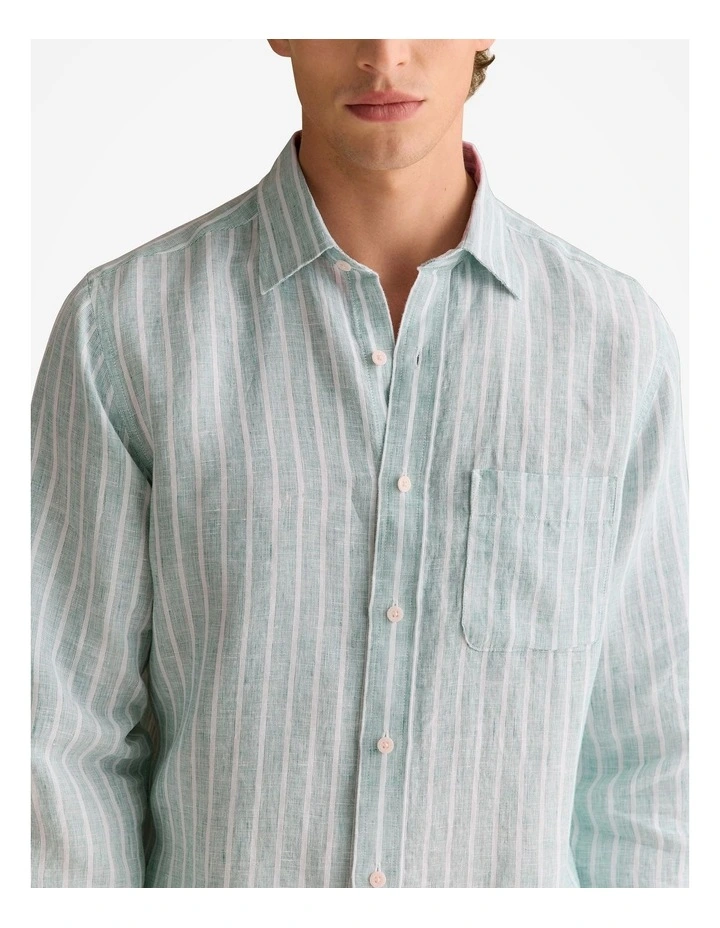 Regular Fit Linen Bold Stripe Shirt in Deep Sea Green image 6