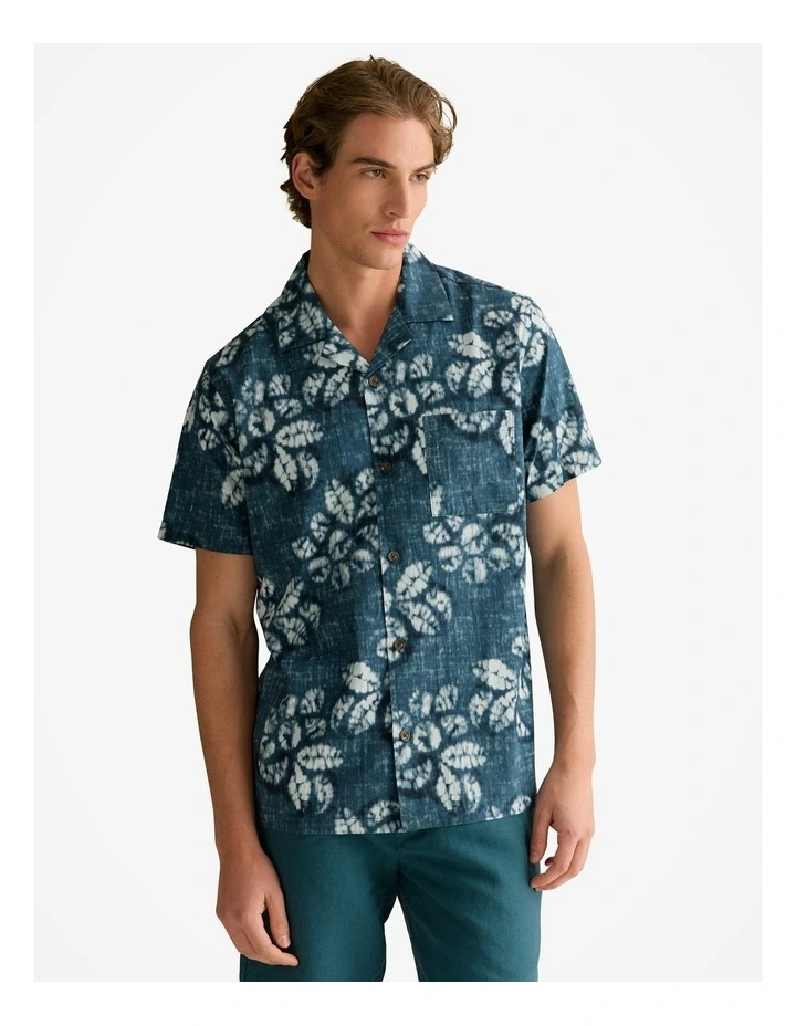 Cotton Blend Washed Floral Short Sleeve Shirt in Deep Sea Green image 1