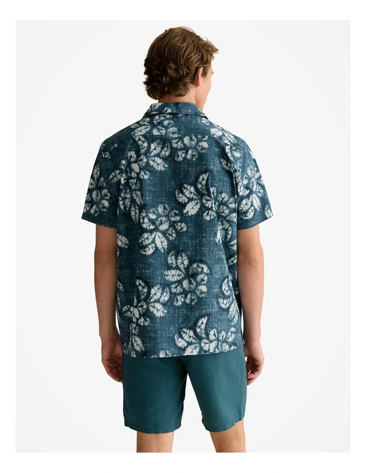 Cotton Blend Washed Floral Short Sleeve Shirt in Deep Sea Green image 4