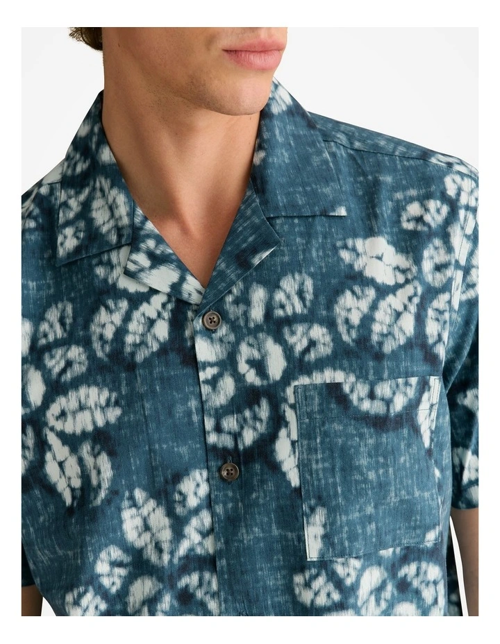 Cotton Blend Washed Floral Short Sleeve Shirt in Deep Sea Green image 6