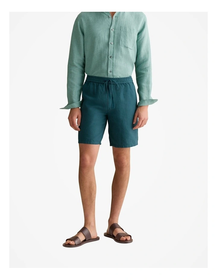 Linen Cotton Pull On Short in Deep Sea Green image 1