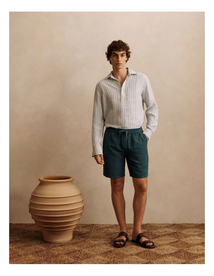 Printed Linen Pull-on Shorts - Green