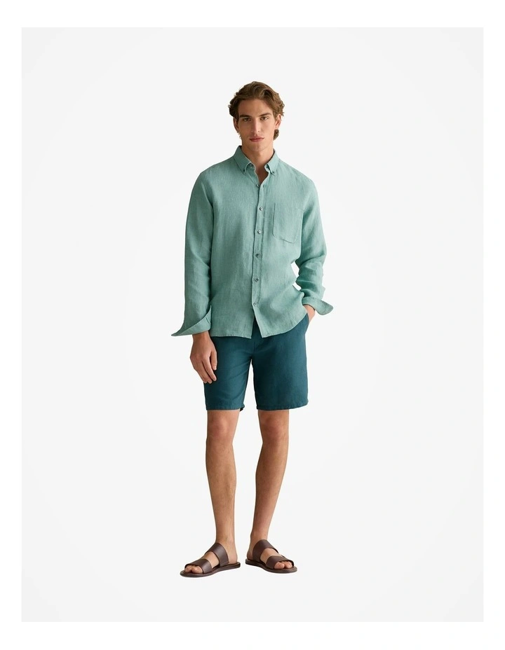 Linen Cotton Pull On Short in Deep Sea Green image 3