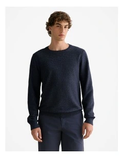 Cotton Mouline Textured Crew Knit in Navy Melange