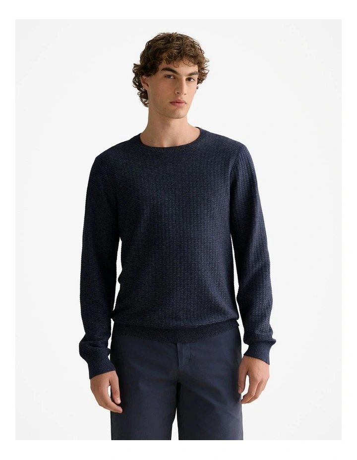 Cotton Mouline Textured Crew Knit in Navy Melange image 1