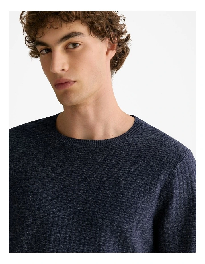 Cotton Mouline Textured Crew Knit in Navy Melange image 3
