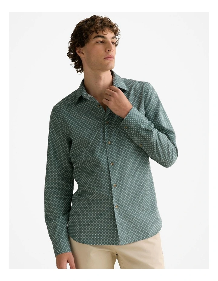 Tailored Fit Etch Print Short Sleeve Shirt in Petrol Green image 1