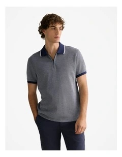 Cotton Pique Quarter Zip Polo in Strong Blue