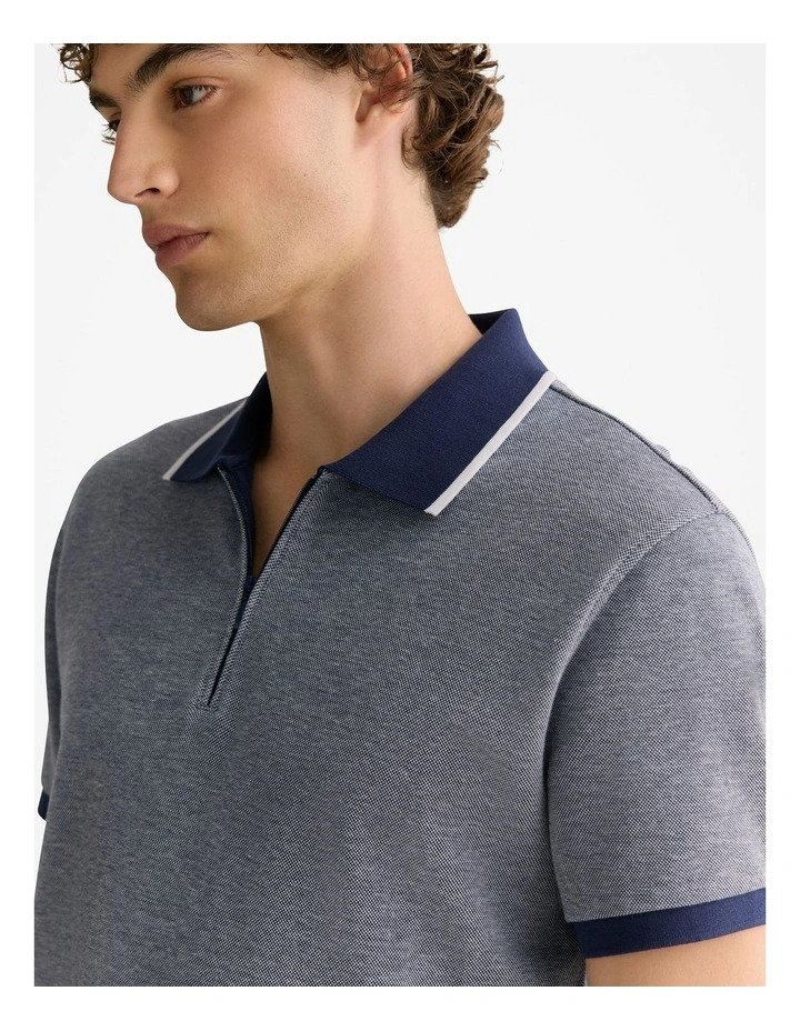 Cotton Pique Quarter Zip Polo in Strong Blue image 3