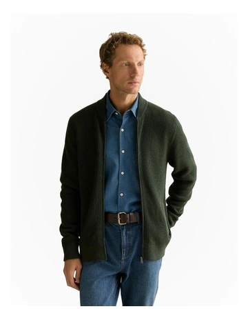 Zip Through Knit Bomber in Olive Green
