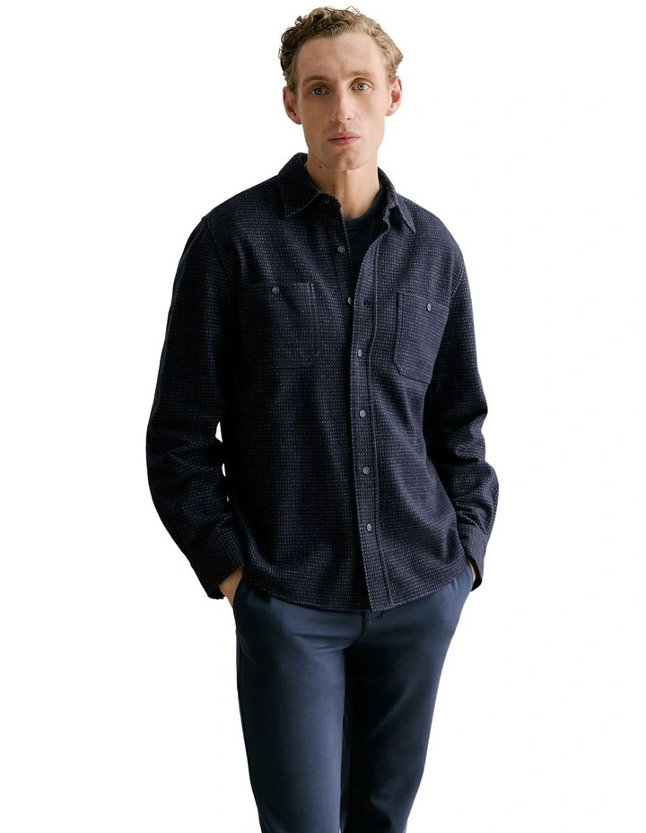 Wool Cotton Jacquard Overshirt in Navy image 1