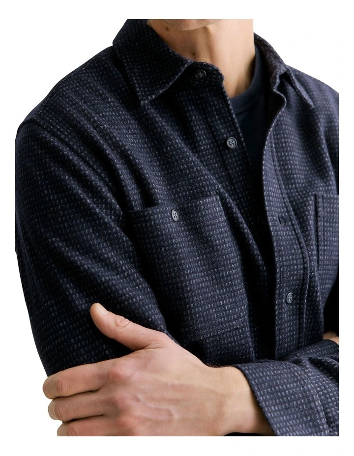 Wool Cotton Jacquard Overshirt in Navy image 4