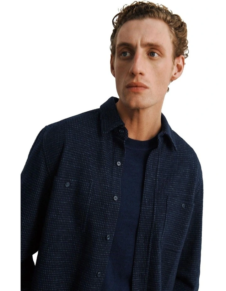 Wool Cotton Jacquard Overshirt in Navy image 5