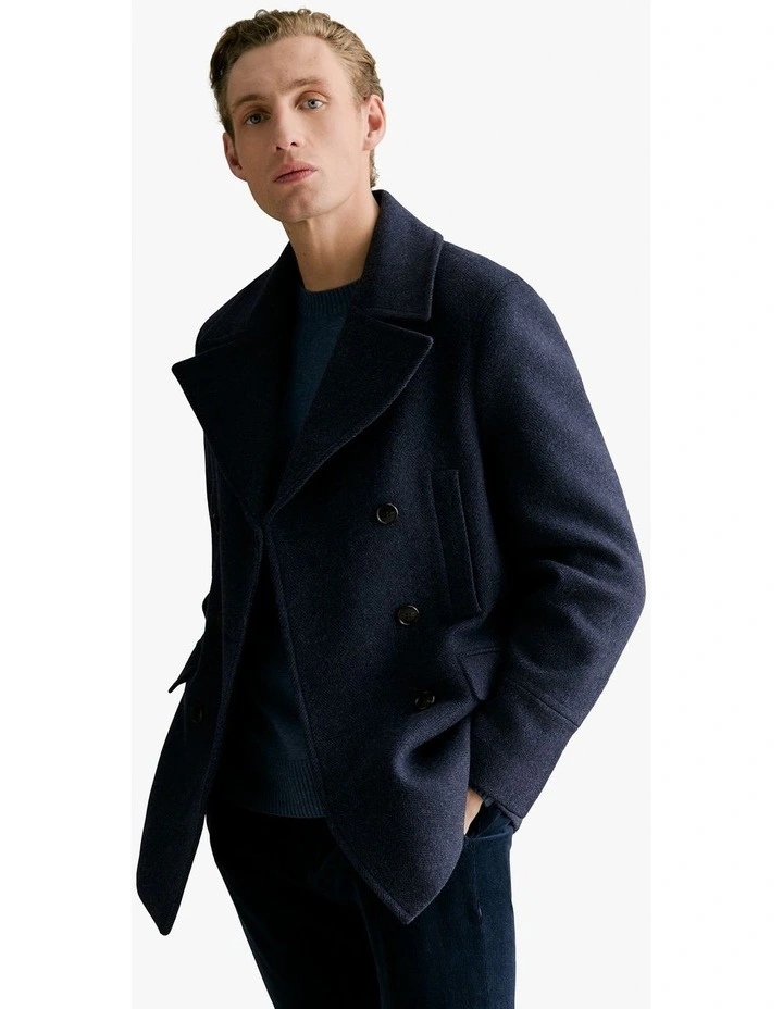 Italian Wool Blend Herringbone Peacoat in Navy image 1