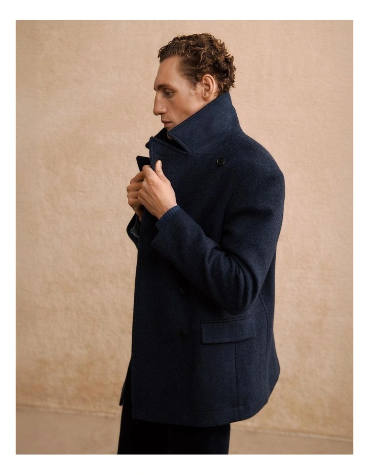 Italian Wool Blend Herringbone Peacoat in Navy image 2