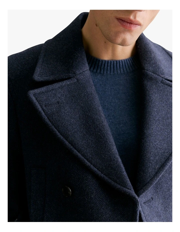 Italian Wool Blend Herringbone Peacoat in Navy image 3
