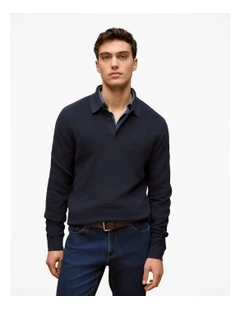 Textured Long Sleeve Knit Polo in Navy