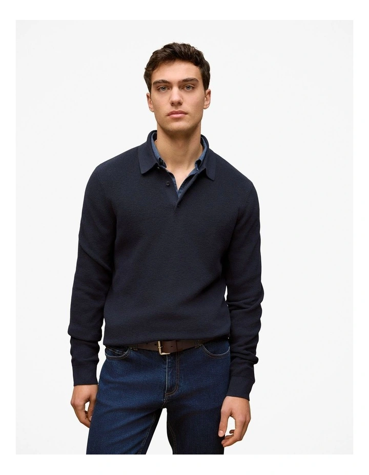 Textured Long Sleeve Knit Polo in Navy image 1