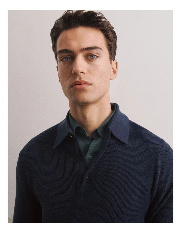 Textured Long Sleeve Knit Polo in Navy image 2