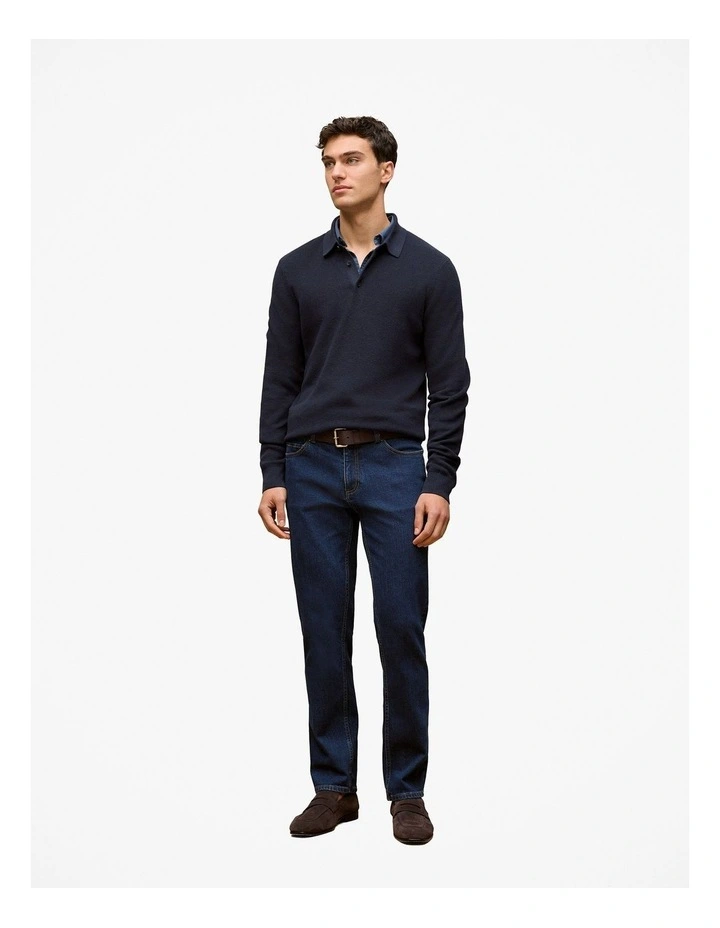 Textured Long Sleeve Knit Polo in Navy image 3