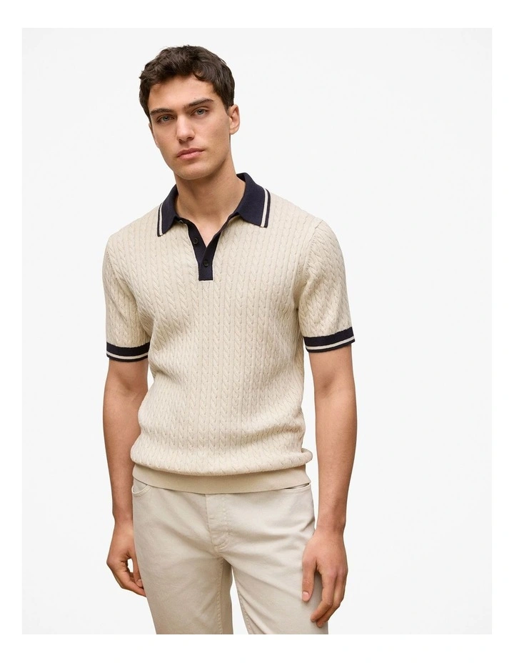 Cable Knit Short Sleeve Polo in Stone image 1
