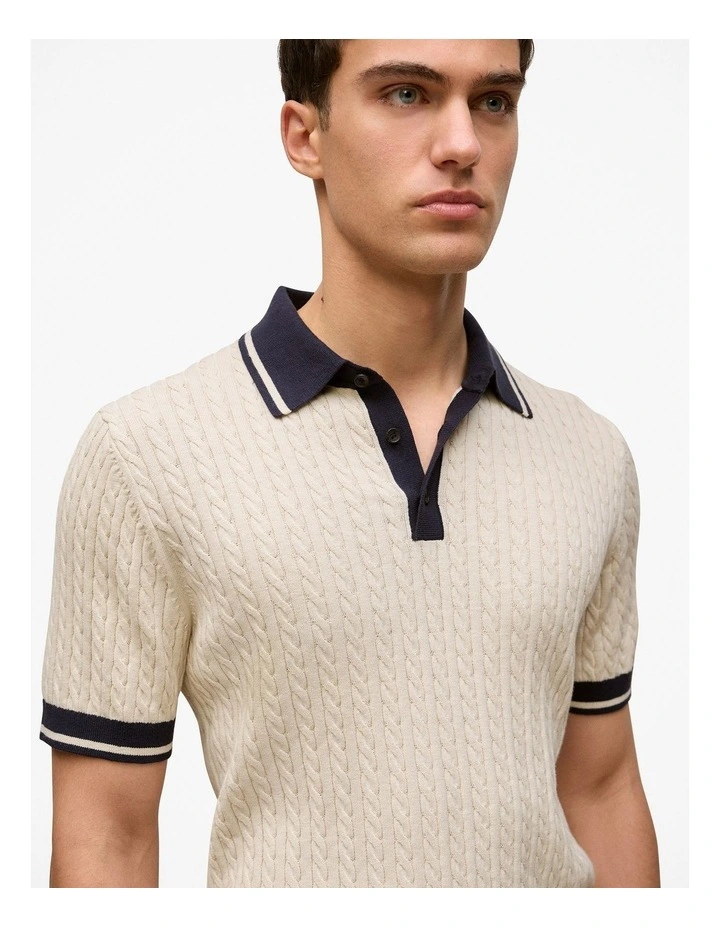 Cable Knit Short Sleeve Polo in Stone image 3