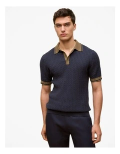 Cable Knit Short Sleeve Polo in Navy