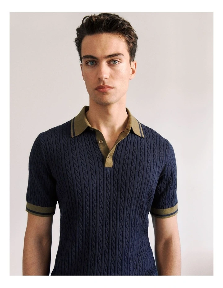 Cable Knit Short Sleeve Polo in Navy image 2