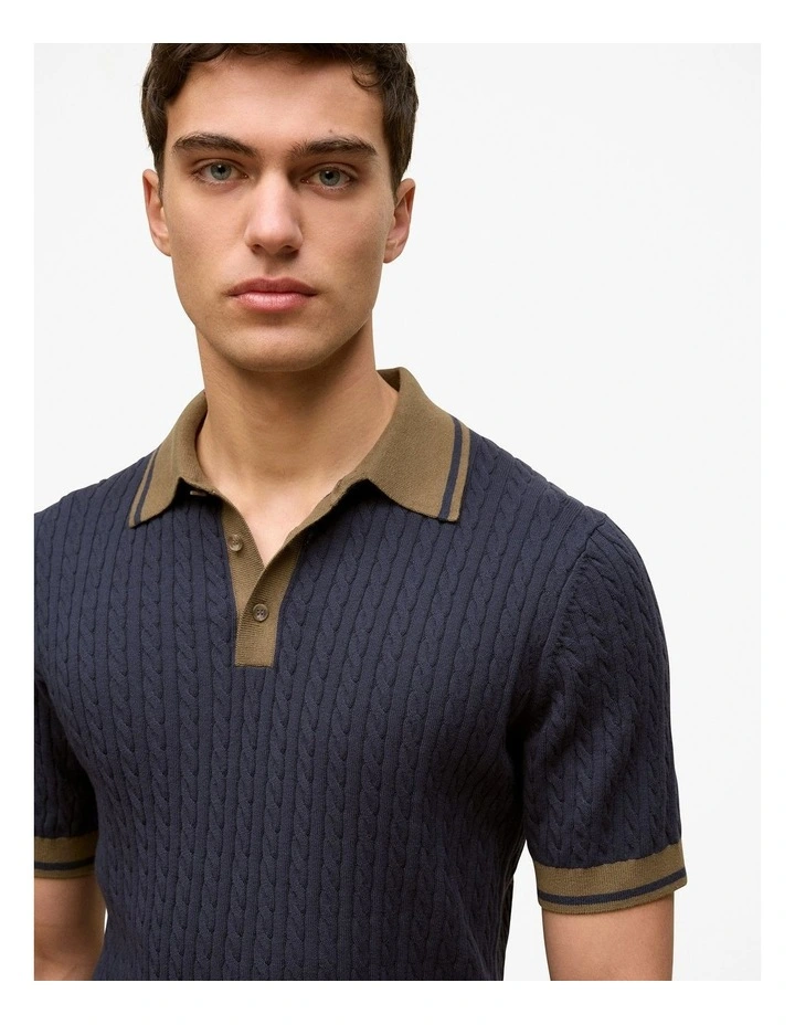 Cable Knit Short Sleeve Polo in Navy image 4