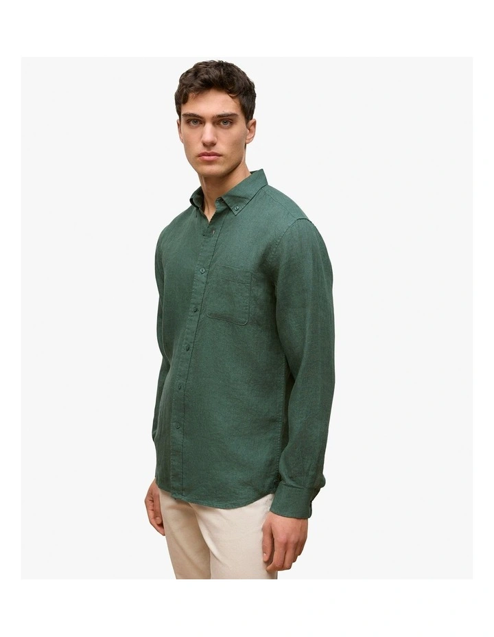 Regular Fit Linen End On End Shirt in Woodland Green image 1