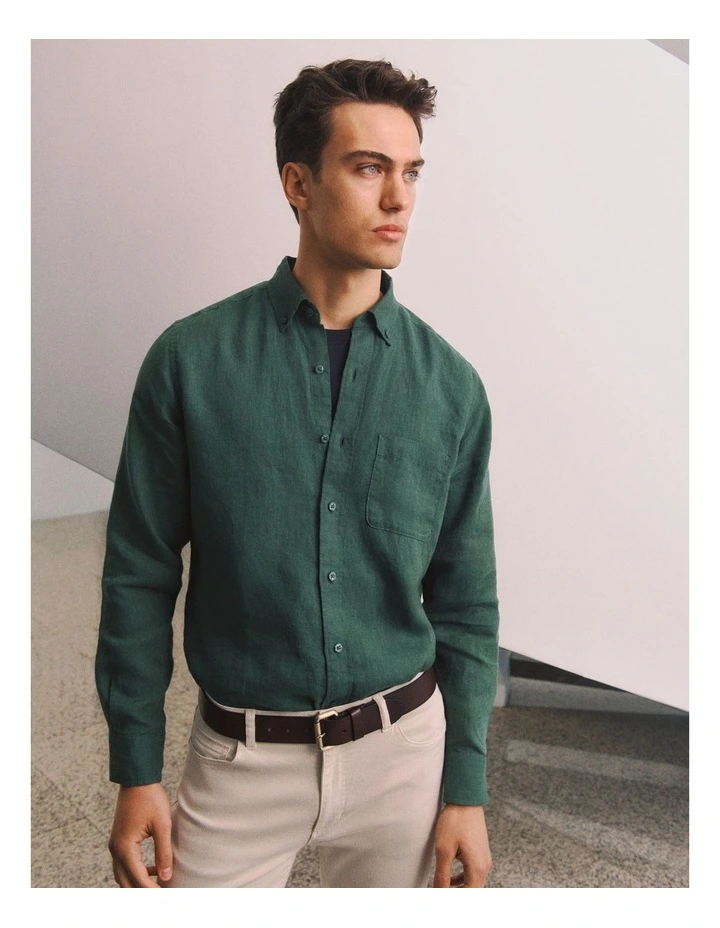 Regular Fit Linen End On End Shirt in Woodland Green image 2