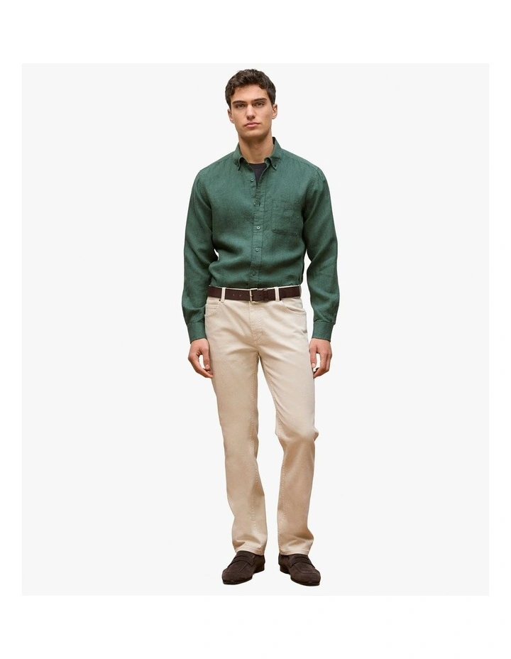 Regular Fit Linen End On End Shirt in Woodland Green image 3