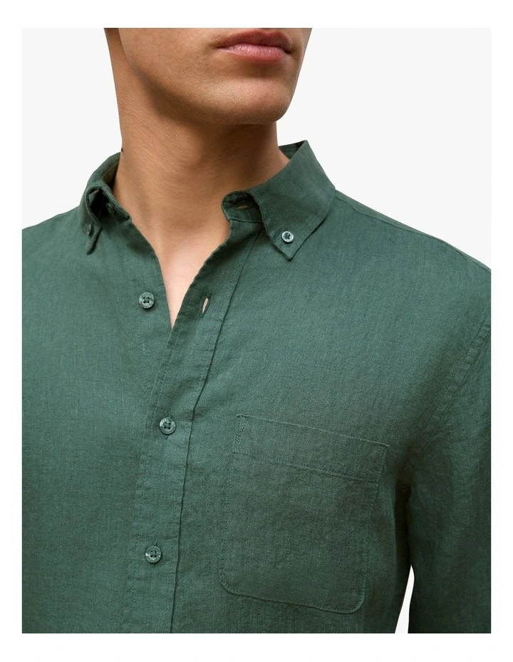 Regular Fit Linen End On End Shirt in Woodland Green image 4