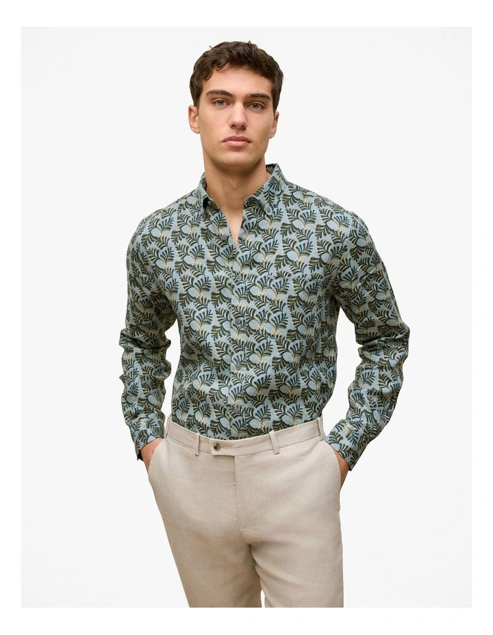 Regular Fit Linen Palm Frond Shirt in Duck Egg Blue image 1