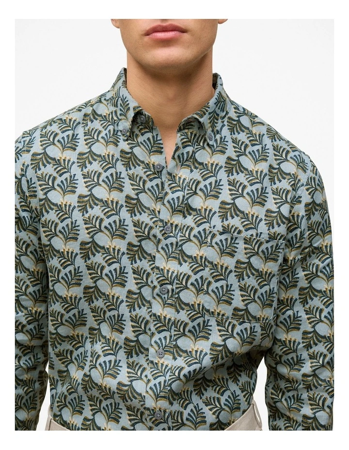 Regular Fit Linen Palm Frond Shirt in Duck Egg Blue image 3
