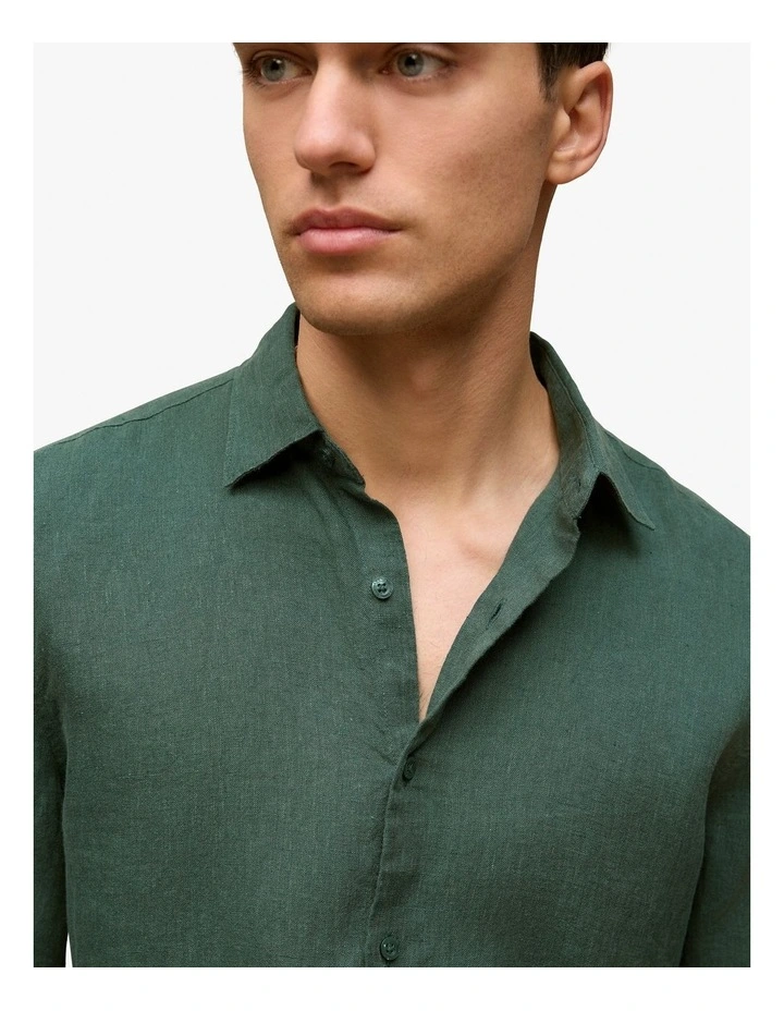 Tailored Fit Linen End On End Shirt in Woodland Green image 3